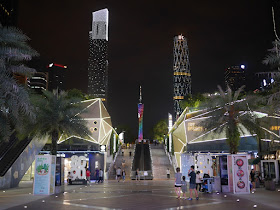 CTF Finance Centre, IFC, and Canton tower viewed from an outdoor area at the Mall of the World