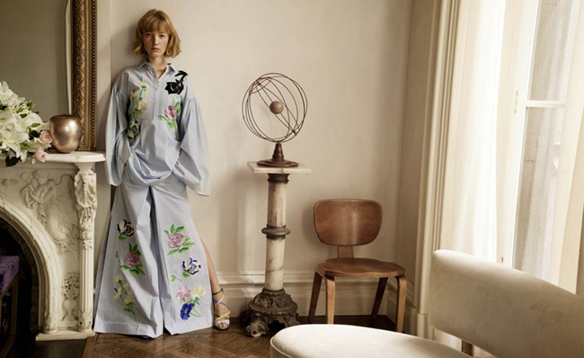 Blumarine 2016 Spring/Summer Campaign, Lou Schoof by Inez & Vinoodh 2016 SS Blumarine Striped Cotton Poplin Mini Short Dress With Wide Leg Trousers Editorials