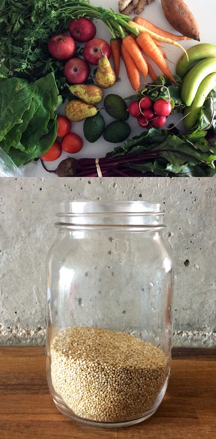 Ensalada de quinoa, calabaza, boniato, zanahoria, rábanos y hummus