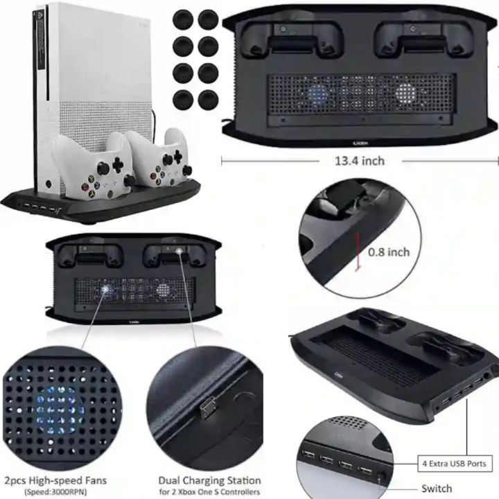 Vertical Stand Cooling Fan with Charger Station for Xbox One S Console and Controllers - Lictin
