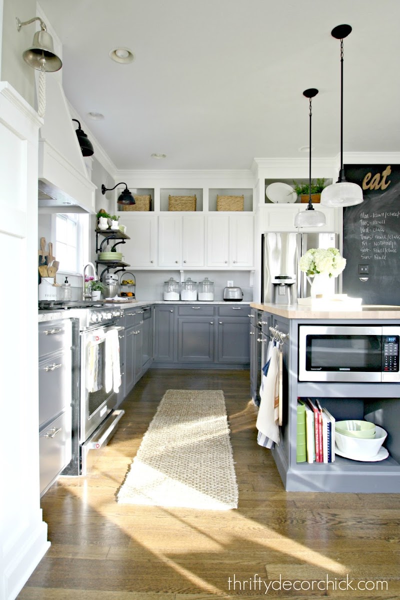 gray and white painted kitchen cabinets