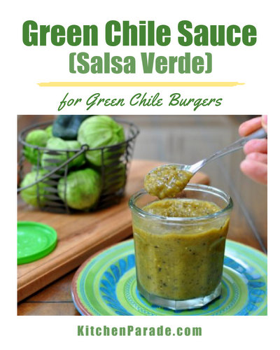 Green Chile Sauce (Salsa Verde) for Green Chile Burgers ♥ KitchenParade.com. Budget Friendly Meal Prep. Vegan. Low Fat. Low Carb.