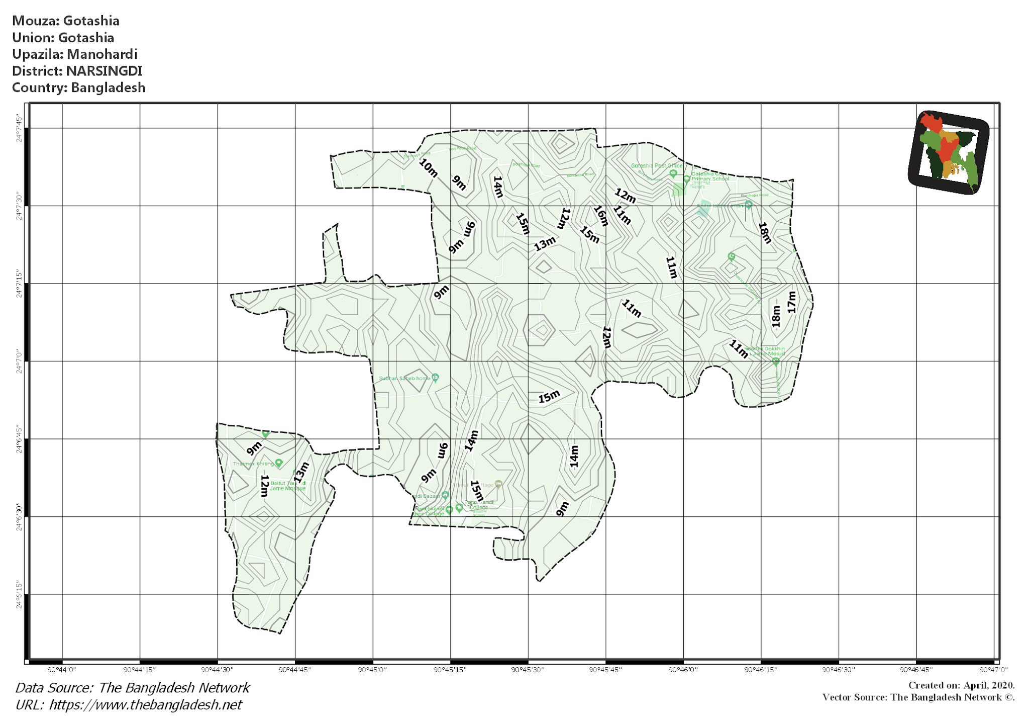 Map of Gotashia Mouza of Manohardi Upazila, NARSINGDI, Bangladesh.