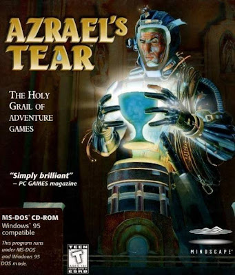 Cover art for Azrael's Tear, depicting a man in a futuristic suit and helmet with his hands surrounding but not touching a blue glowing chalice hovering above a pedestal; the tagline reads, "The Holy Grail of adventure games".
