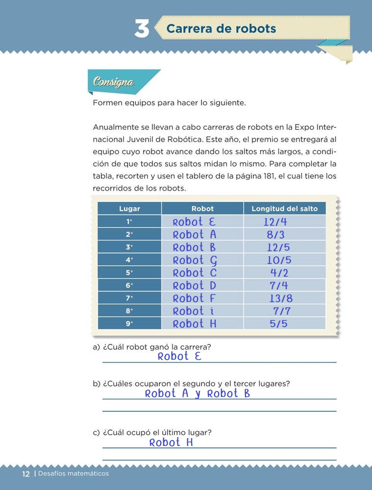 Carrera de robots -Desafío 3- Desafíos Matemáticos Sexto Contestado |  Tareas CicloEscolar