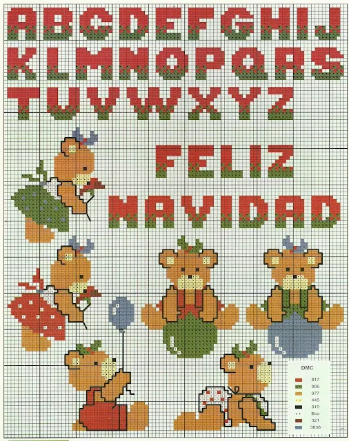Abecedario con Ositos en Punto de Cruz para Navidad. Christmas Alphabet with Bears in Cross Stitch.