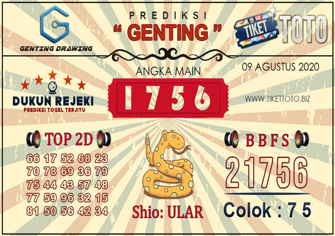 Prediksi Togel GENTING DRAWING TIKETTOTO 09 Agustus 2020