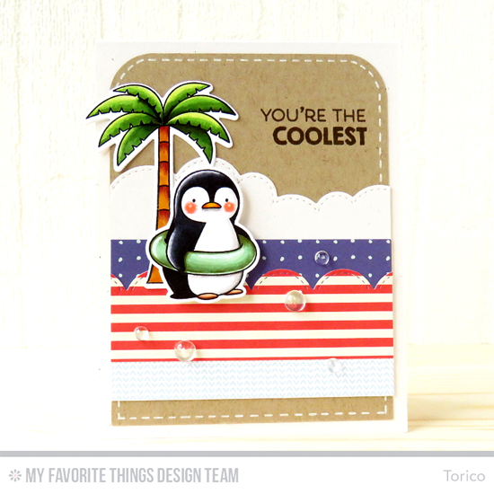 Handmade card from Torico featuring Birdie Brown Penguins in Paradise stamp set and Die-namics, Stitched Scallop Edges, and Stitched Cloud Edges Die-namics #mftstamps