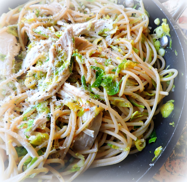 Spaghetti with Roasted Chicken and Shredded Brussels