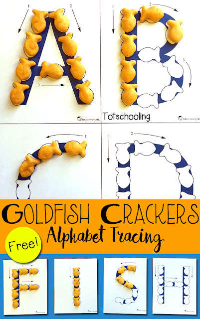 FREE printable Alphabet tracing sheets that go along with Goldfish crackers! Practice letter recognition and letter formation, along with making words and names.