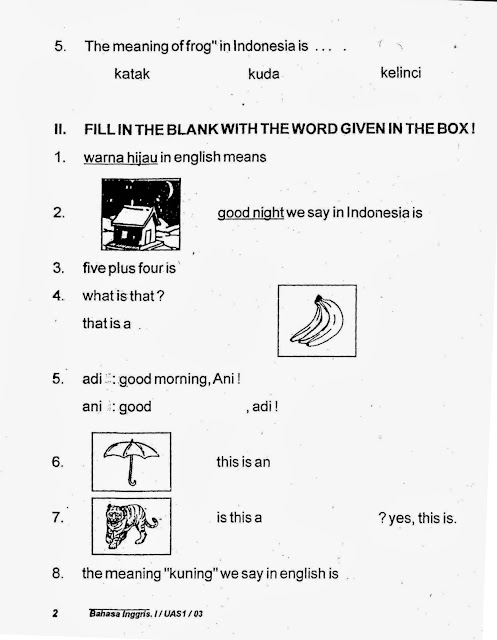 Soal Uas Bahasa Inggris Kelas 1 Semester 1 Ganjil