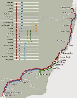 Map of high speed rail route from Beyond Zero Emissions high speed rail report