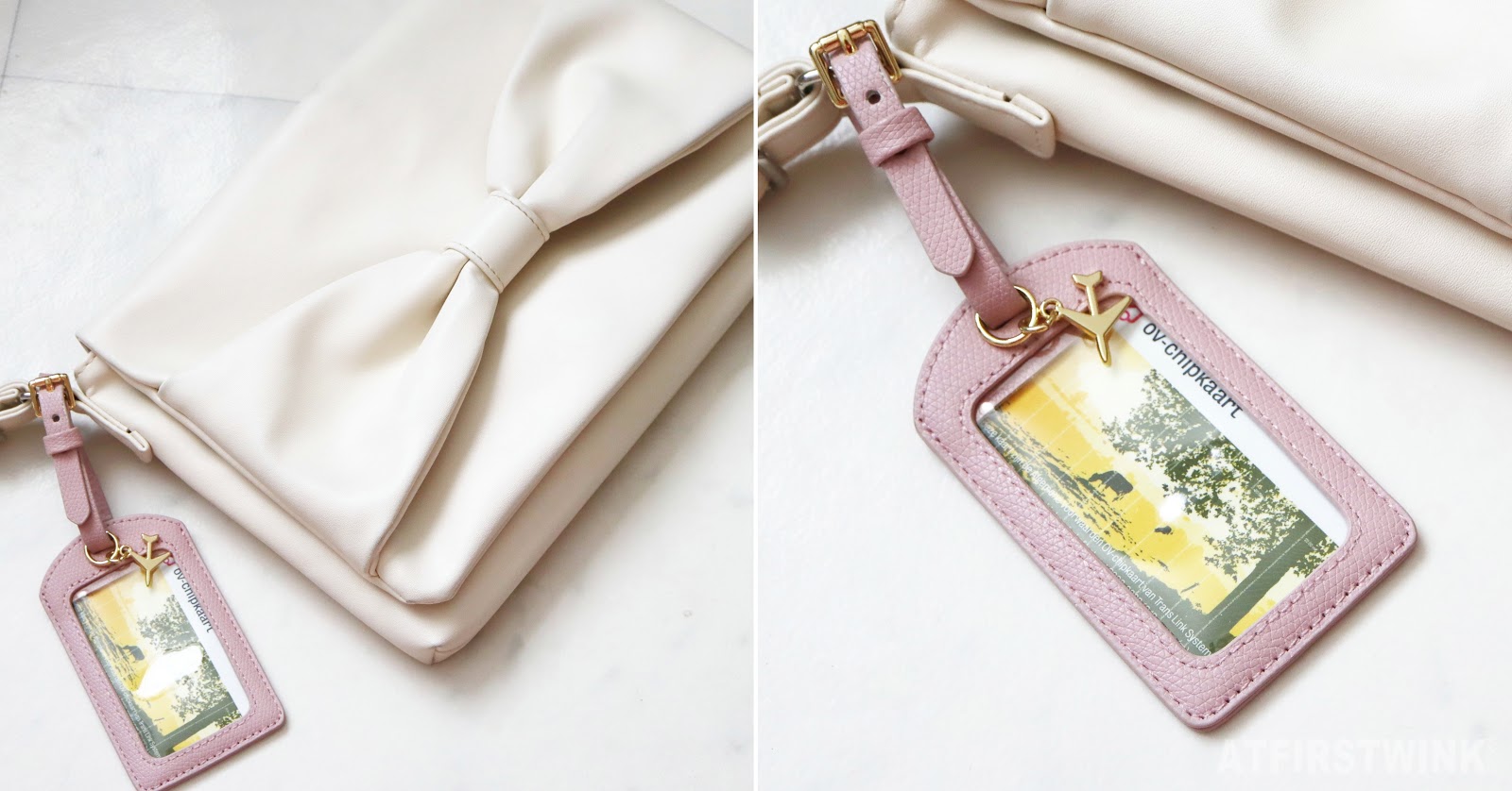 H&M luggage tag used as public transport card holder pink beige bow bag