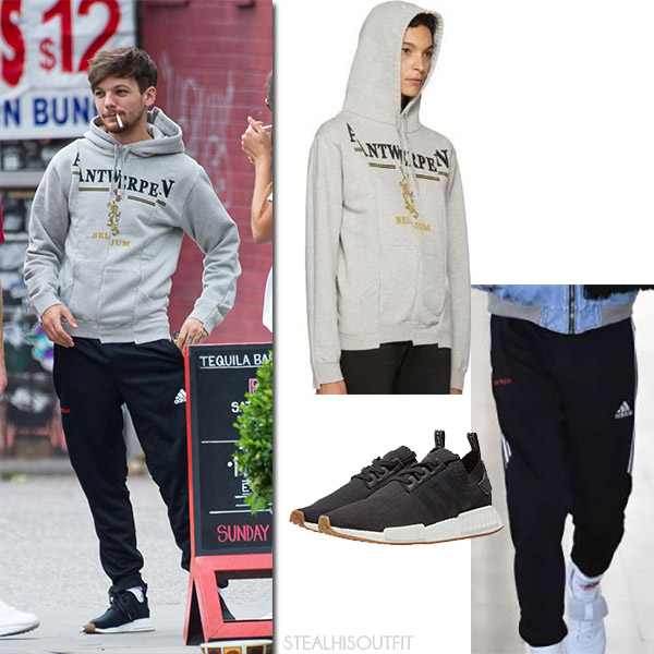 louis tomlinson new merch louis tomlinson in grey hoodie and black trackpants in nyc louis tomlinson new merch louis tomlinson in grey hoodie and black trackpants in nyc
