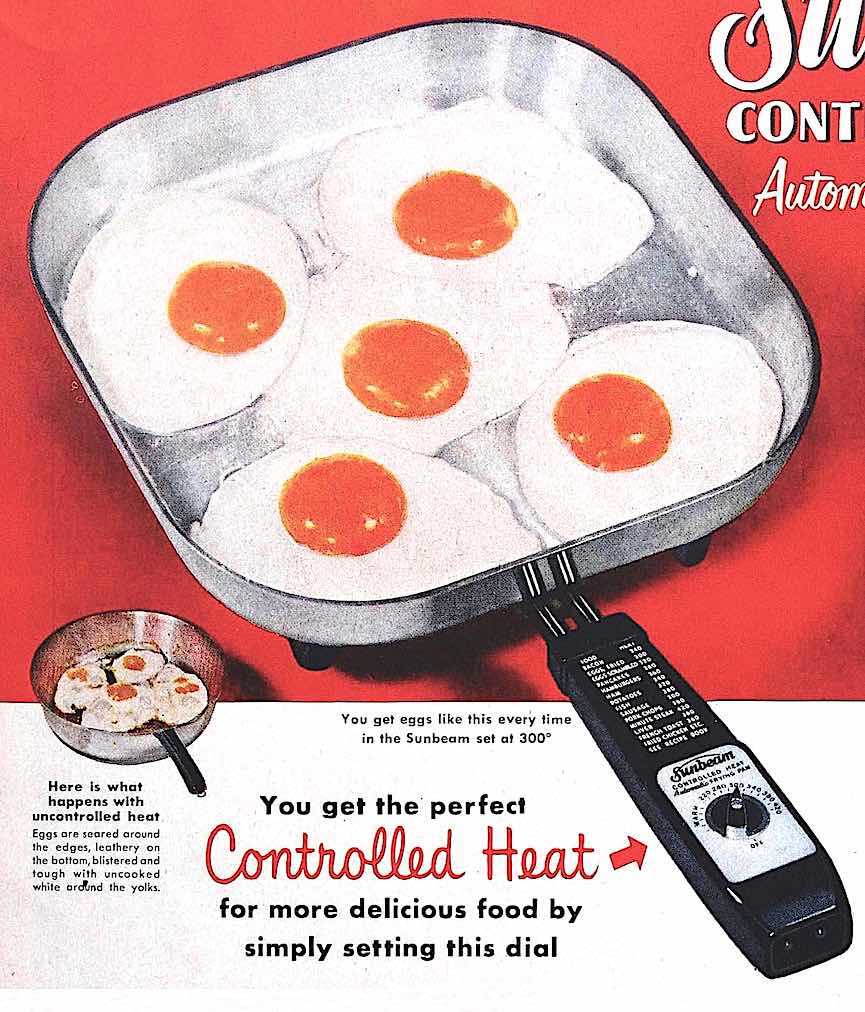 1960s Sunbeam pan Five fried eggs in a 1960s Sunbeam electric pan, not showing the included glass cover