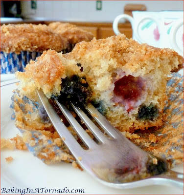 Lemon Berry Muffins, moist muffins flavored with lemon and raspberry and bursting with fresh460 blueberries. Lots of fun ingredients, this recipe comes together in minutes. | Recipe developed by www.BakingInATornado.com | #recipe #muffins #breakfast