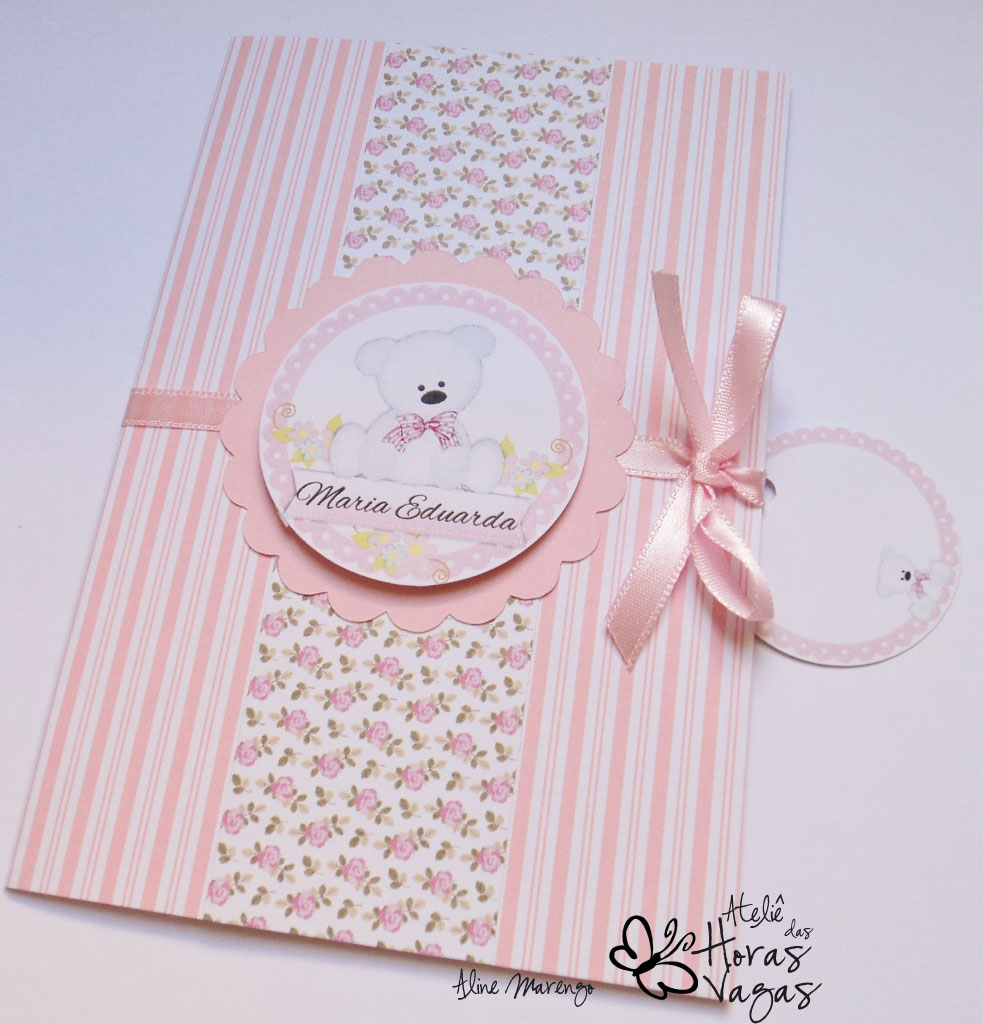convite artesanal aniversário infantil ursinho branco urso floral rosa menina bebê