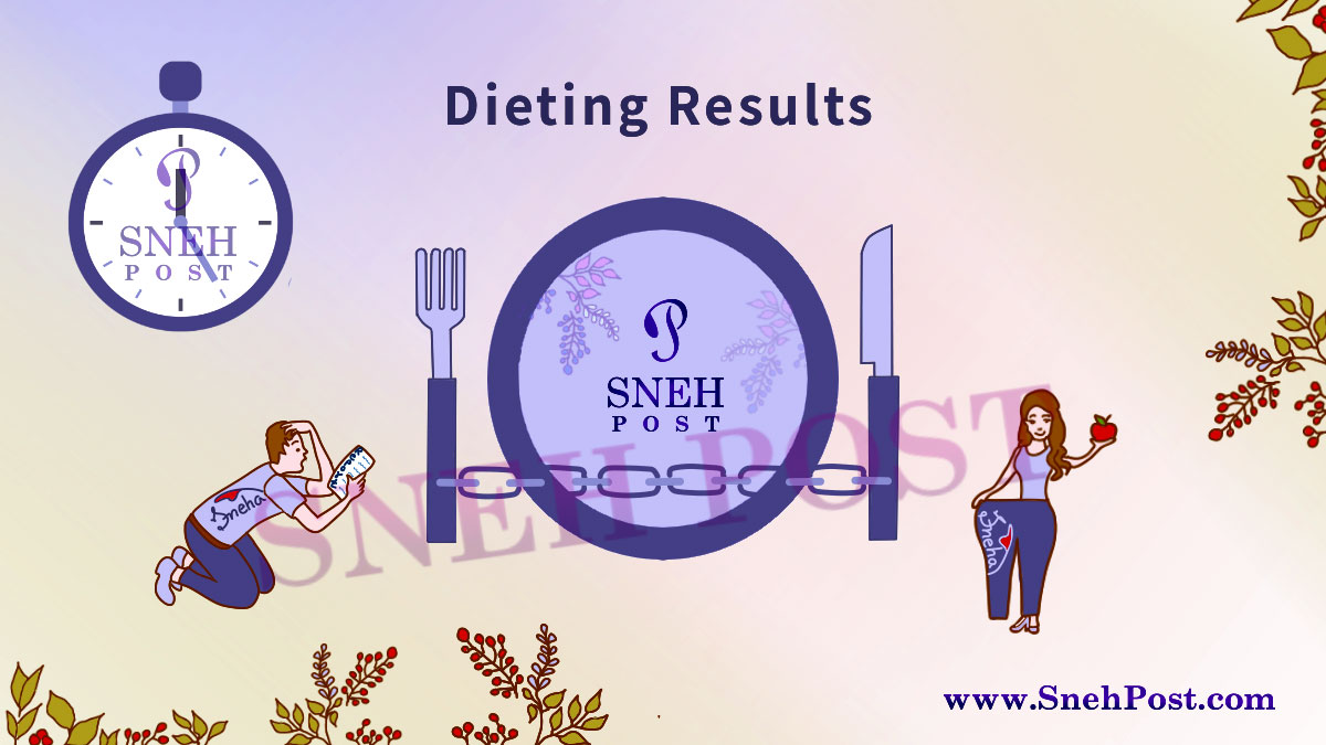 Dieting results and unprompted facts showing illustration by Sneha: boy reading bad health report as result of dieting, girl showing weight loss by lose pant and an apple in hand, plate, cutlery, watch in blue background