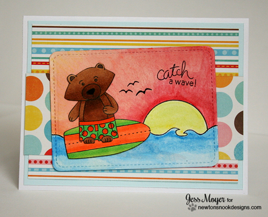 Catch a wave surfing bear card by Jess Moyer for Newton's Nook Designs | Beach Party Stamp Set