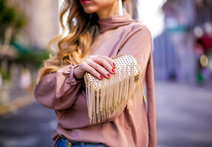 Academe the 70s blouse,  inge christopher cameron fringe clutch, baublebar tassel earrings, 7fam skinny jeans, lace up ankle booties, ray ban sunglasses, 70s inspired outfit, fall outfit ideas, san francisco fashion blog, san francisco street style