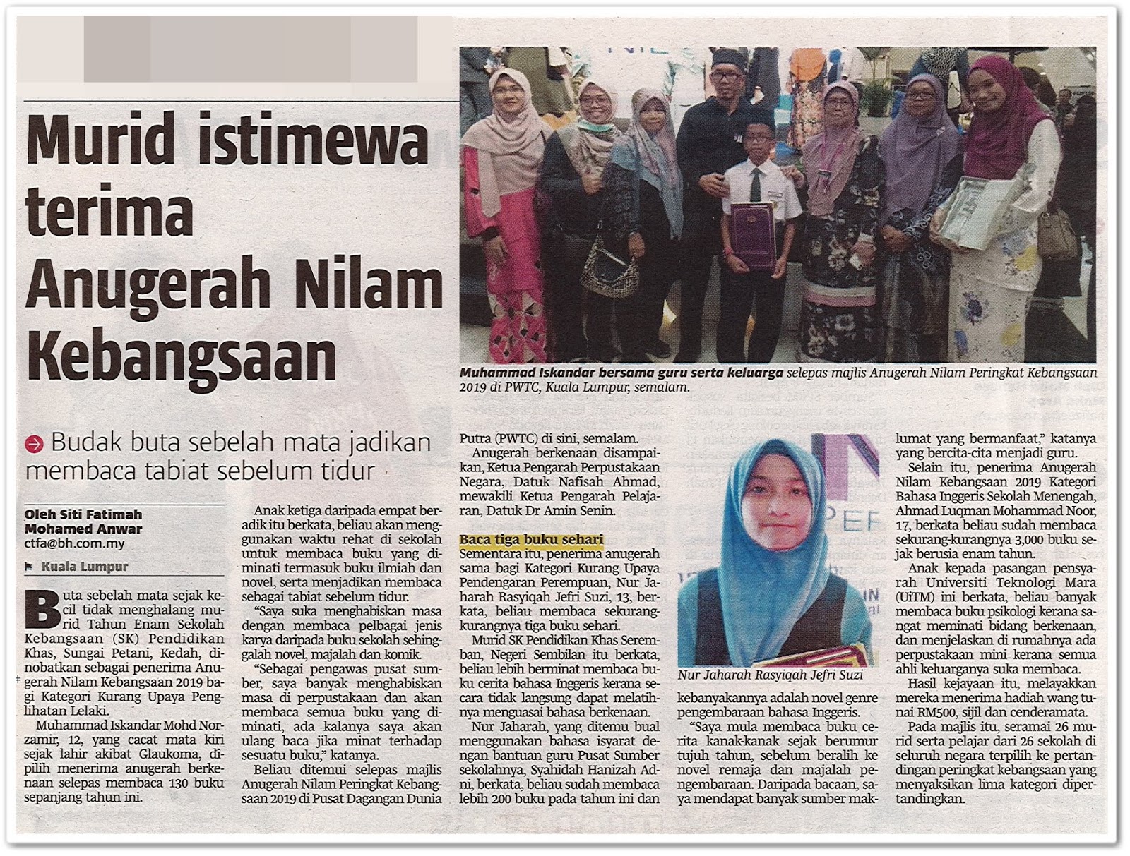 Murid istimewa terima Anugerah Nilam Kebangsaan - Keratan akhbar Berita Harian 6 April 2019