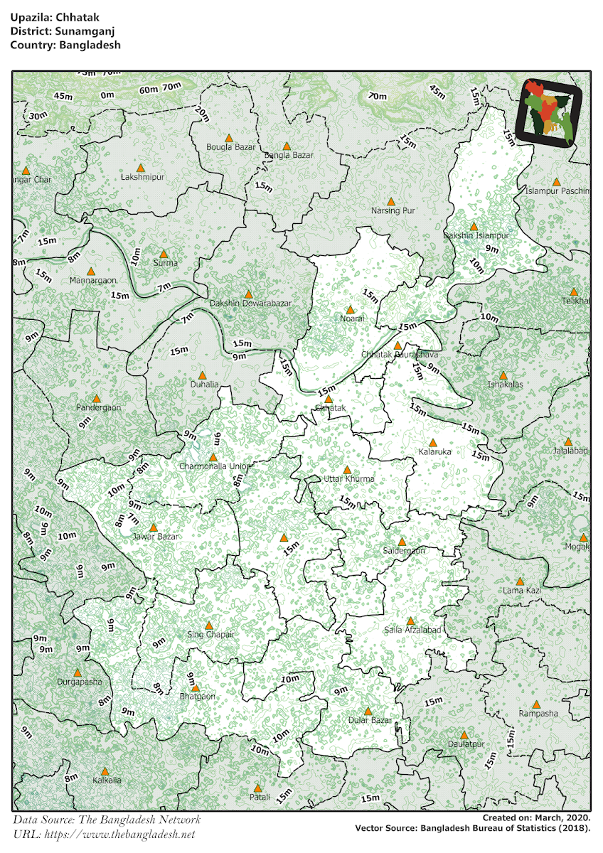 Chhatak Upazila Elevation Map Sunamganj District Bangladesh