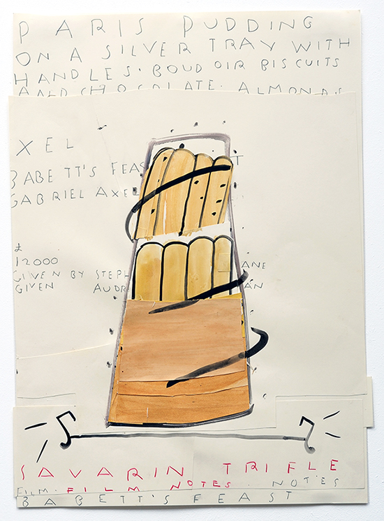 Rose Wylie Savarin Trifle (Film Notes), 2010 Watercolour and collage on paper 84 × 59 cm Rose Wylie Savarin Trifle (Film Notes), 2010 Watercolour and collage on paper 84 × 59 cm