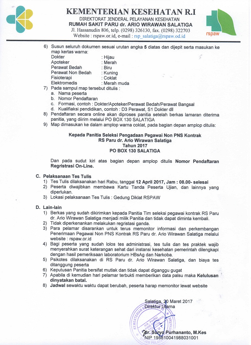 Penerimaan Pegawai Non PNS RS Paru dr. Ario Wirawan Salatiga Penerimaan Pegawai Non PNS RS Paru dr. Ario Wirawan Salatiga