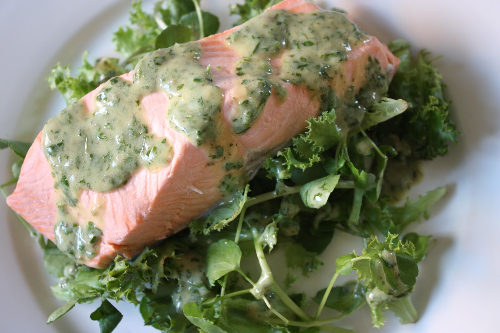 This Upside Down Life Salmon with Green Herb and Mustard Sauce