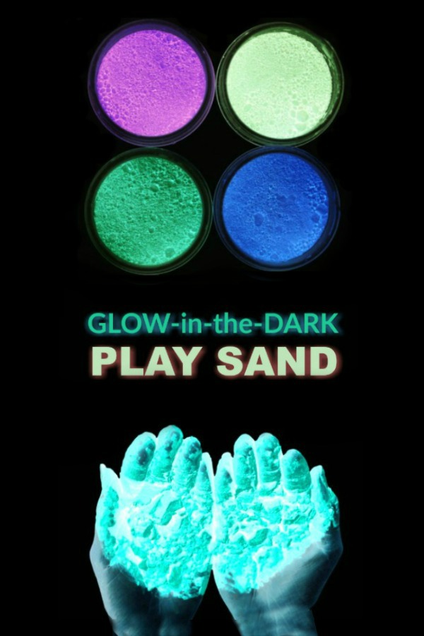 DIY GLOW-IN-THE-DARK PLAY SAND FOR KIDS.  This is so cool!  #glowinthedark #glowinthedarkcrafts #homemadesand #playrecipe 