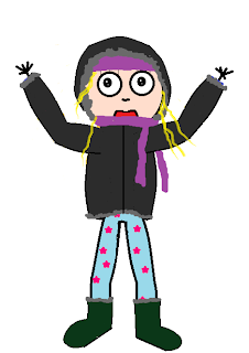 Woman drawn wearing pajamas, thick boots, thick coat, a scarf, a hat, and hood pulled up.  Smiling with arms raised high.
