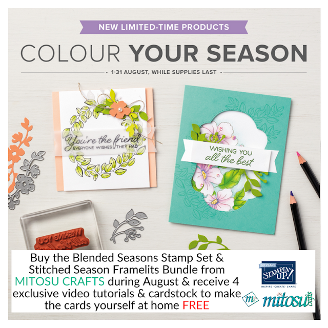 Stampin' Up! Blended Seasons Stamp Set & Stitched Season Framelits Bundle. Exclusive Promotion from Mitosu Crafts Online Shop