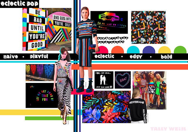 Graphic design, trend forecasting, trend prediction, Print design, textile design, trendboard, colour pop, eclectic pop, pop fashion naive print, playful pattern, political pop, edgy, bold fashion, punk fashion, colourful punk, contemporary punk, modern punk, bright colours, primary colours, LGBT fashion, down with the patriarchy, feminist fashion, slogan print, confetti crowd