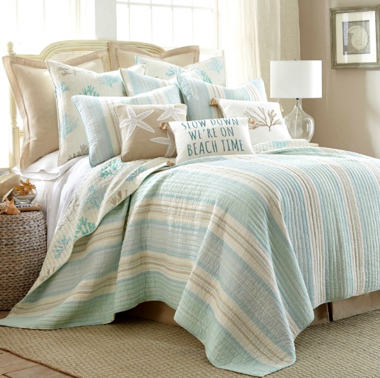 Light Blue and Beige Beach Quilt with Stripes