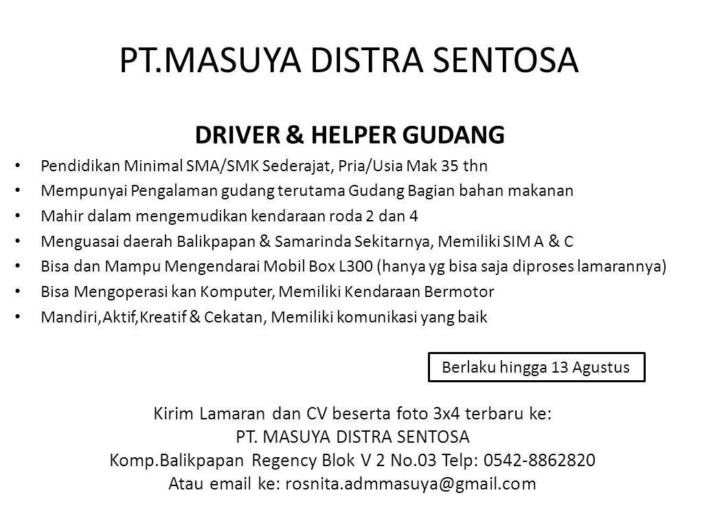 Lowongan Kerja Kota Balikpapan: Lowongan PT.MASUYA DISTRA SENTOSA