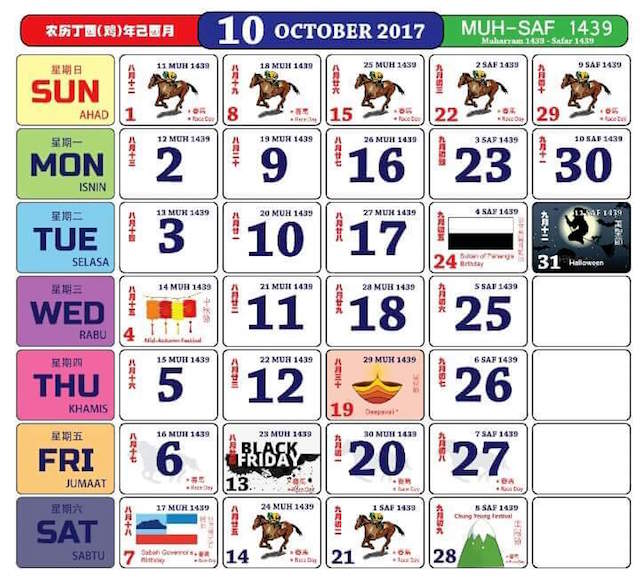 Gambar Kalendar 2017 Termasuk Cuti Peristiwa bulan 10 oktober