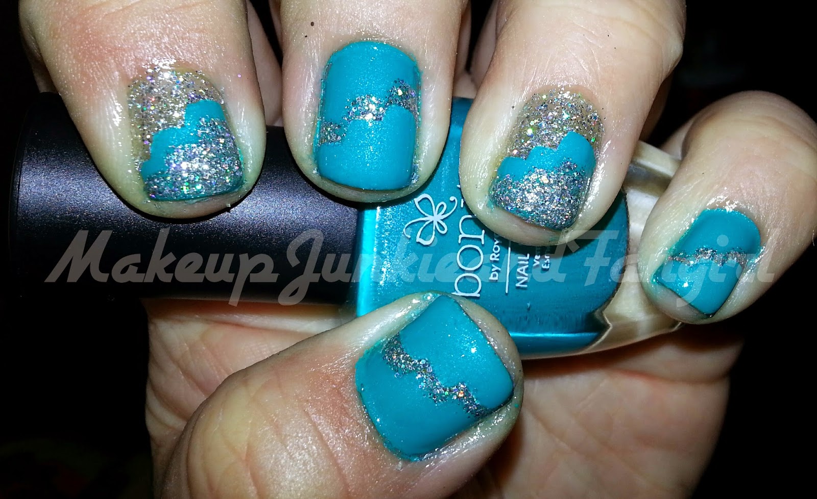 Makeup Junkie and Fangirl: Teal and Silver Rainbow Glitter Cloud Mani