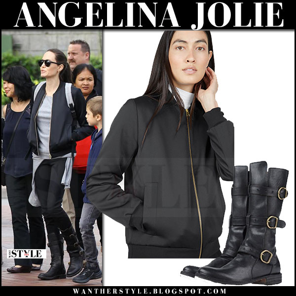 Angelina Jolie In Black Er Jacket And Leather Buckle Boots Angelina Jolie In Black Er Everlane Jacket Jeans And Boots Fioini Baker What