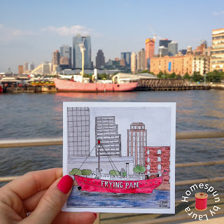 watercolor painting of the Frying Pan lightship at Maritime 66 pier in New York City