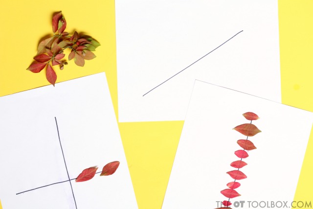 Pre-writing activity for helping kids develop the skills needed for pre-writing lines and handwriting using fall leaves Pre-writing activity for helping kids develop the skills needed for pre-writing lines and handwriting using fall leaves