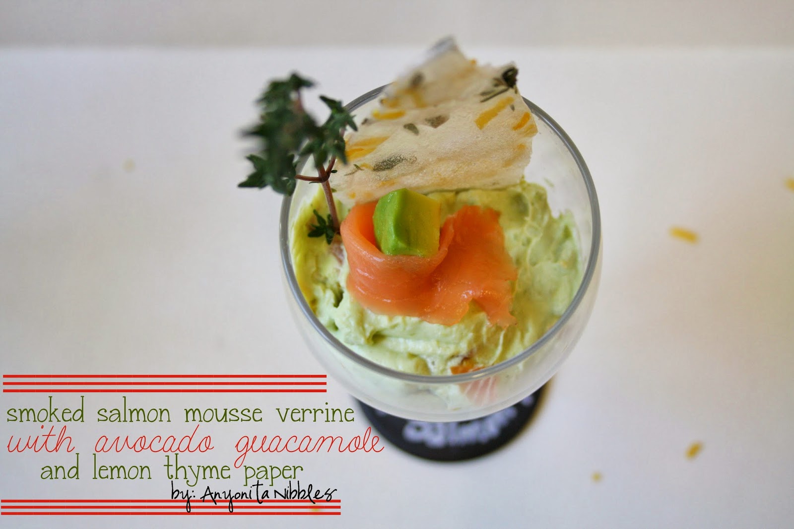 Smoked Salmon Mousse Verrine with Avocado Guacamole and Lemon Thyme Paper