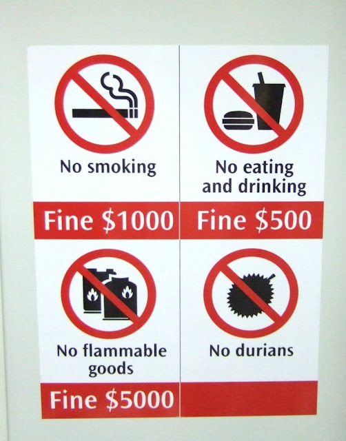 subway rules sign with subway rules: no durians; no flammable goods; no smoking; no eating or drinking