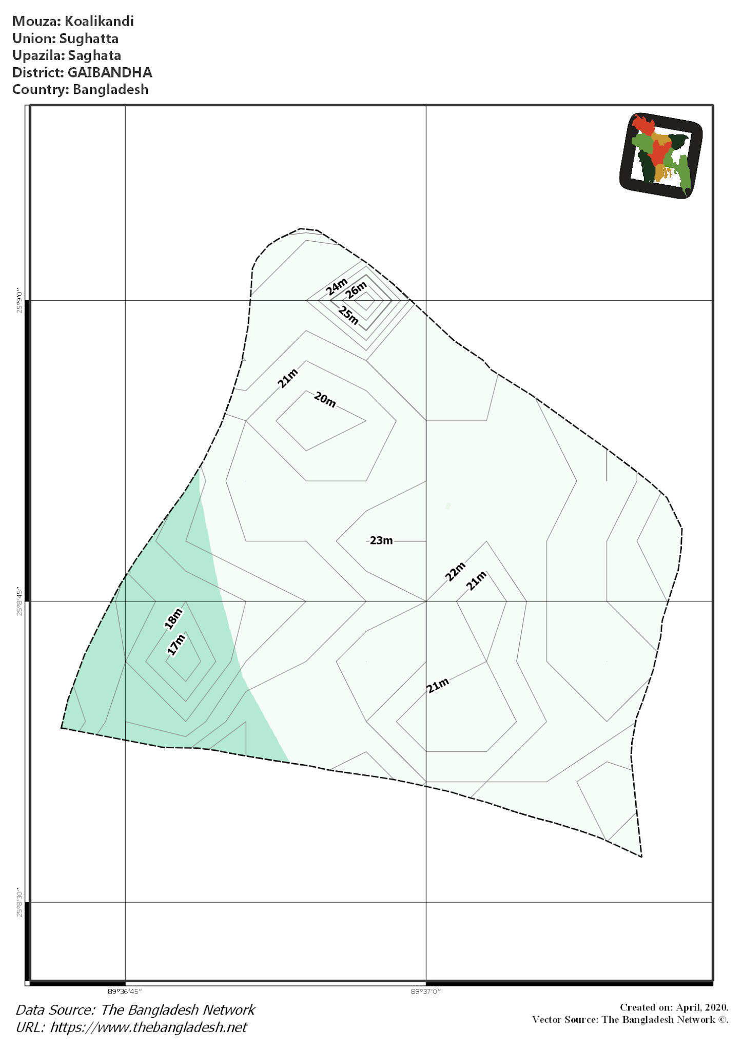 Map of Koalikandi Mouza of Saghata Upazila, GAIBANDHA, Bangladesh.