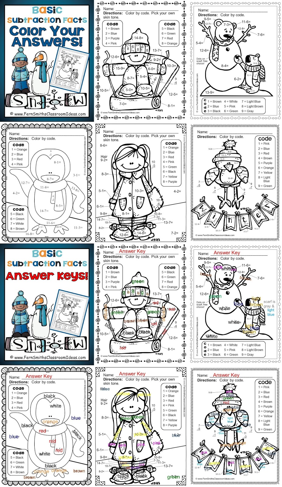 Fern Smith's Classroom Ideas Winter Fun! Basic Subtraction Facts - Color Your Answers Printables at TPT.