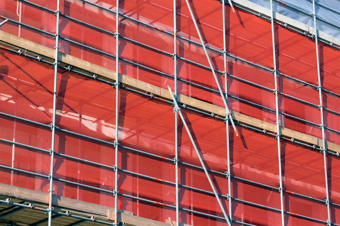 scaffolding with a red cloth