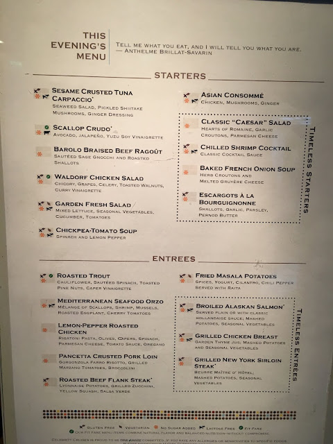 Celebrity Cruises main dining room menu
