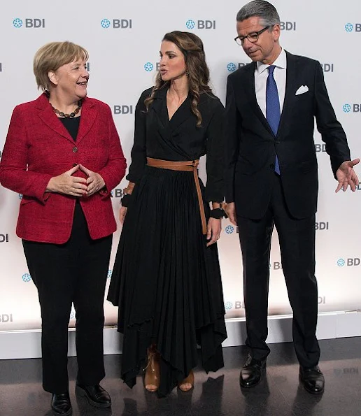 Queen Rania, German Chancellor Angela Merkel and President of the Federation of German Industry Ulrich Grillo, Queen Rania wore dress, style