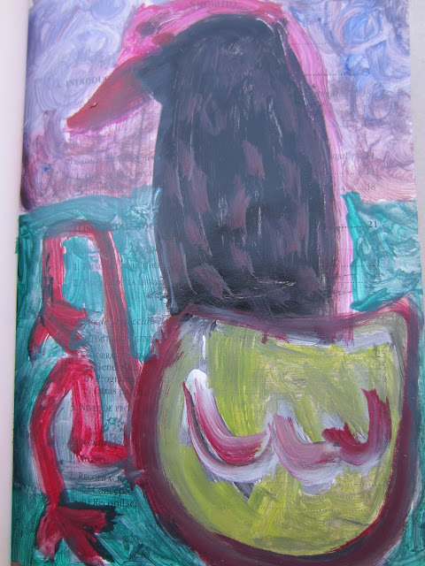 Pintura que muestra una gallina rara con el cuello negro y bastante ancho y las patas torcidas. Pintada sobre papel en junio de 2012 por Emebezeta