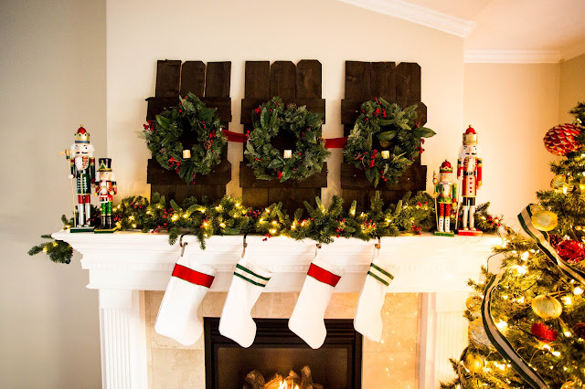 diy christmas mantle, fireplace, nutcrackers, garland, lights, candles