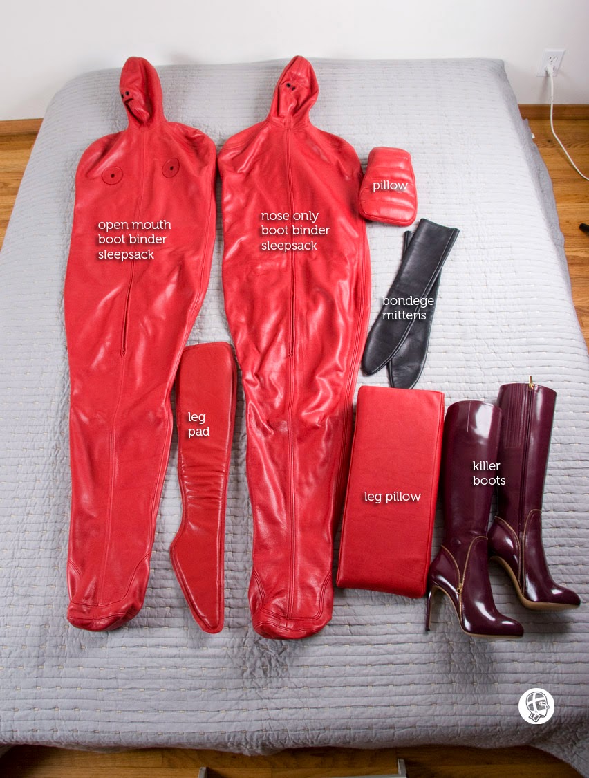 A fetish leathercrafters journal Boot Binder Sleepsack photo shoot setup